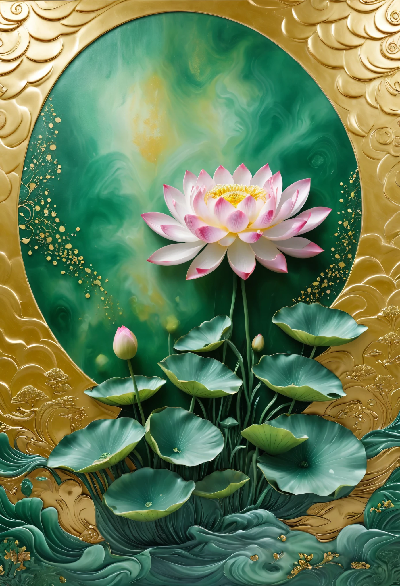 /I a mural painted with a gold patina. The artwork features a pattern with a lot of small tiny little abstract lotus flower with pearly reflections the design includes shades of green, pearly white and touches of pink. Golden background --ar 9:16 --tile --sref https://s.mj.run/11LAxabWx7Q https://s.mj.run/nD0ZdsmRNX4 --v 6.1