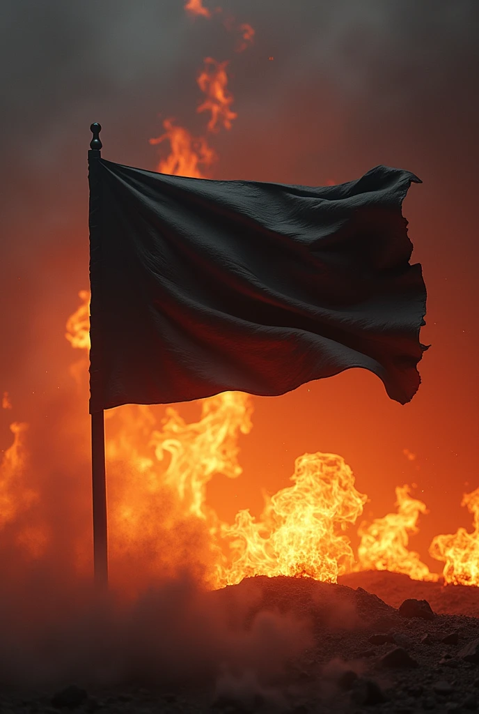 Render an image of a black flag over burning rubble in illustration style. The scenario should be a visual critique of social inequalities, to subservience, ao poder religioso. An image that inspires resistance.