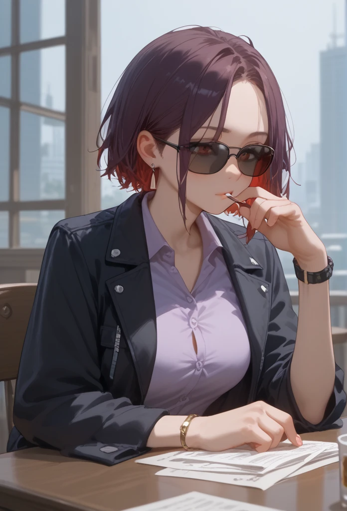 anime girl, Alone, brown skin , Hair gathered with side bangs and showing the forehead,  Dark purple hair colors, red hair bottom fade, ideal figure, brown skin, Beautiful body shapes, blush, Dressed in a light purple shirt unbuttoned from the chest up,black jacket on top, On his forehead he wears black sunglasses, earrings, bracelet on hand, Von is sitting at a table with cigarettes on it.. She holds a cigarette in her hand and brings it to her mouth.., background with a grey sky, about to rain,  spiky hair, Spiked hair, Hair above the ear, brown skin