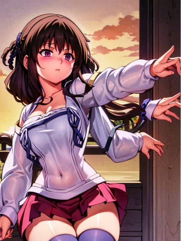 High detailed, 1 girl, solo,brown hair, hair ornament, hair scrunchie, long hair, pink scrunchie, scrunchie, ,purple eyes,  busty, firm curvy body, burgundy shirt, , deep cleavage, Juliet sleeves, pencil skirt, black thighhighs, red gloves, Very prideful expression