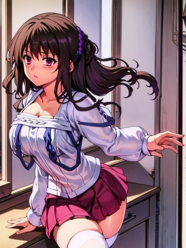 High detailed, 1 girl, solo,brown hair, hair ornament, hair scrunchie, long hair, pink scrunchie, scrunchie, ,purple eyes,  busty, firm curvy body, burgundy shirt, , deep cleavage, Juliet sleeves, pencil skirt, black thighhighs, red gloves, Very prideful expression