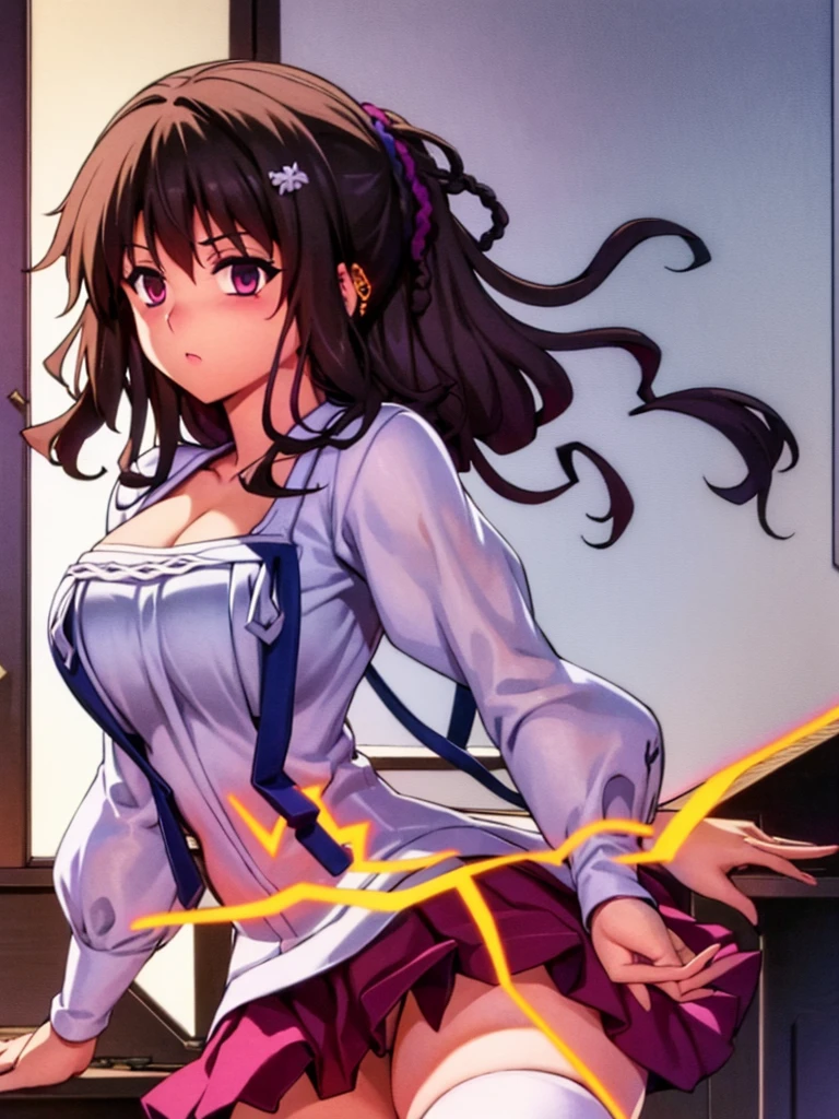 High detailed, 1 girl, solo,brown hair, hair ornament, hair scrunchie, long hair, pink scrunchie, scrunchie, ,purple eyes,  busty, firm curvy body, burgundy shirt, , deep cleavage, Juliet sleeves, pencil skirt, black thighhighs, red gloves, Very prideful expression