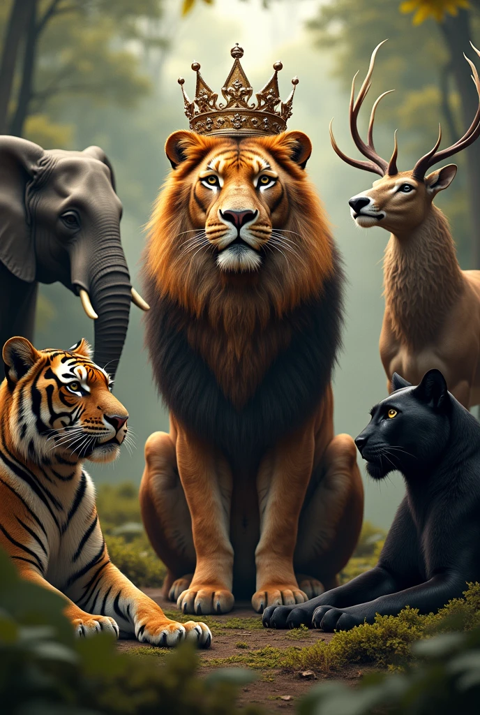 Tigers, leopards, and lions lie across the path of women.
