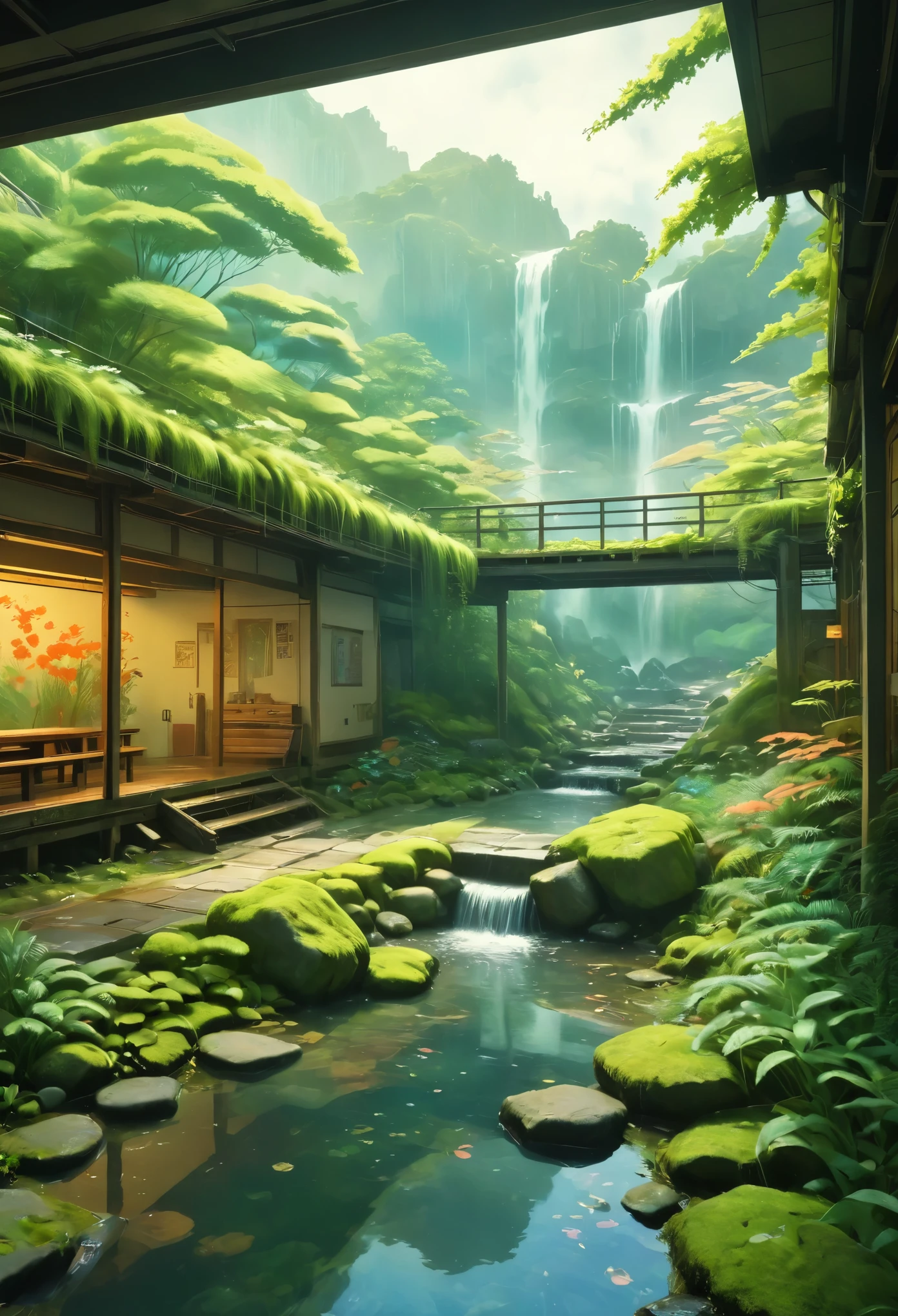 /I Anime landscape cityscape japanese painting style, thick paint all in the style of Makoto Shinkai, abandon ,ferns,moss,koi ,Organism , more details, dreamy and colorful color matching, foreground ,lighting, 8K picture quality --ar 9:16 --v 6.1