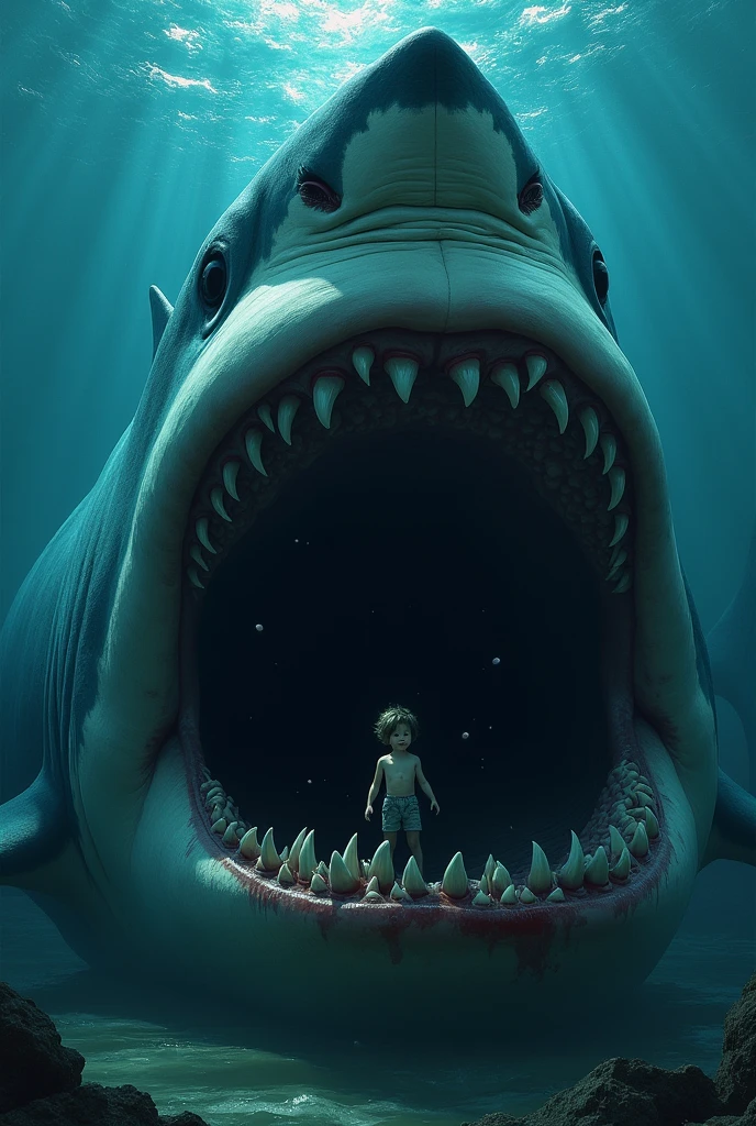 There is a sitting in the mouth of a big fish