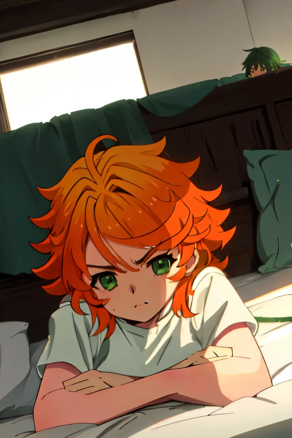 (green eyes:1.2) Girl lying in bed, angry hiding something behind her, orange hair 