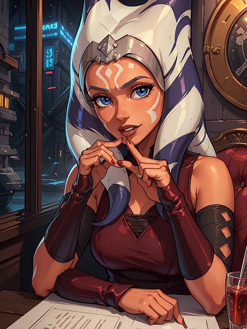 A (close up) portrait of (Ahsoka), (Ahsoka Tano), (two head tails), (highly detailed background, a street at night), (large natural soft breasts), cleavage, skinny waist, sexy, realistic anatomy, well drawn, well drawn hands, 8k, (best quality), (masterpiece:1.2), highly detailed face, (wearing a red dress), full lips, eye contact, detailed eyes, sensual, (seductive smile), (Elsa Jean:1.2), (ultra realistic:1.4)