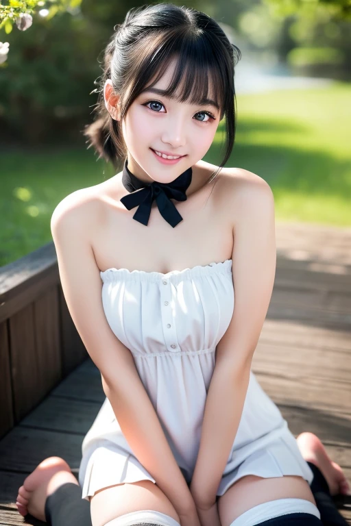 (Highest quality,masterpiece:1.3,Ultra-high resolution),(Very detailed,8k),(Realistic:1.4,RAW shooting)。Blurred Background、The best smile。A cute,  20-year-old maid、Plump figure。She&#39;s naked。Maid&#39;s Headband。(((Wearing a bow tie around his neck)))。Sexy Panties。Standing in the garden。