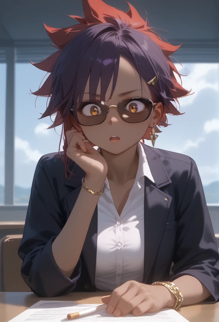 anime girl, Alone, brown skin , surprised expression, adorable, Hair gathered with side bangs and showing the forehead,  Dark purple hair colors, red hair bottom fade, ideal figure, brown skin, Beautiful body shapes, blush, Dressed in a light purple shirt unbuttoned from the chest up,black jacket on top, On his forehead he wears black sunglasses, earrings, bracelet on hand, Von is sitting at a table with cigarettes on it.. She holds a cigarette in her hand and brings it to her mouth.., background with a grey sky, about to rain,  spiky hair, Spiked hair, Hair above the ear, brown skin