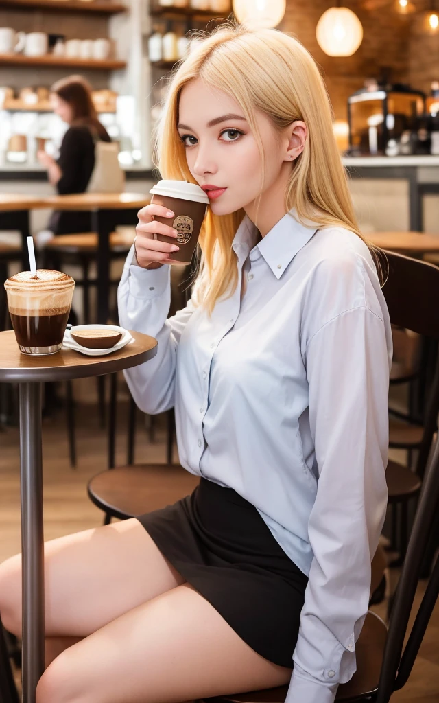 NSFW, (8k, Bestquality, Mastering: 1.2), (Realistic.), Photorealistic: 1.37), is super detailed, 1 girl with glasses, looked at the audience, lovable, Beautiful detailed sky, Meticulous café, Sit at the table for afternoon tea, all body, (Smile: 1.15), Shut Up, mid-chest, Bursting shirt buttons, Beautiful and delicate eyes, (Collared shirt: 1.1), Daytime, sunbeams, white lace, (long hair:1.4), Shoulder-length hair, of silver hair, , uniform,, White skin, cinema light, Streetlights, (Sexiest Actress: 1.4), whole body photo, (coffee table:1), (Handbag: 1), Urzan-6500-v1.1: 0.3, Karinak-4501-6300: 1.2, Long leg, High heels --auto --s2