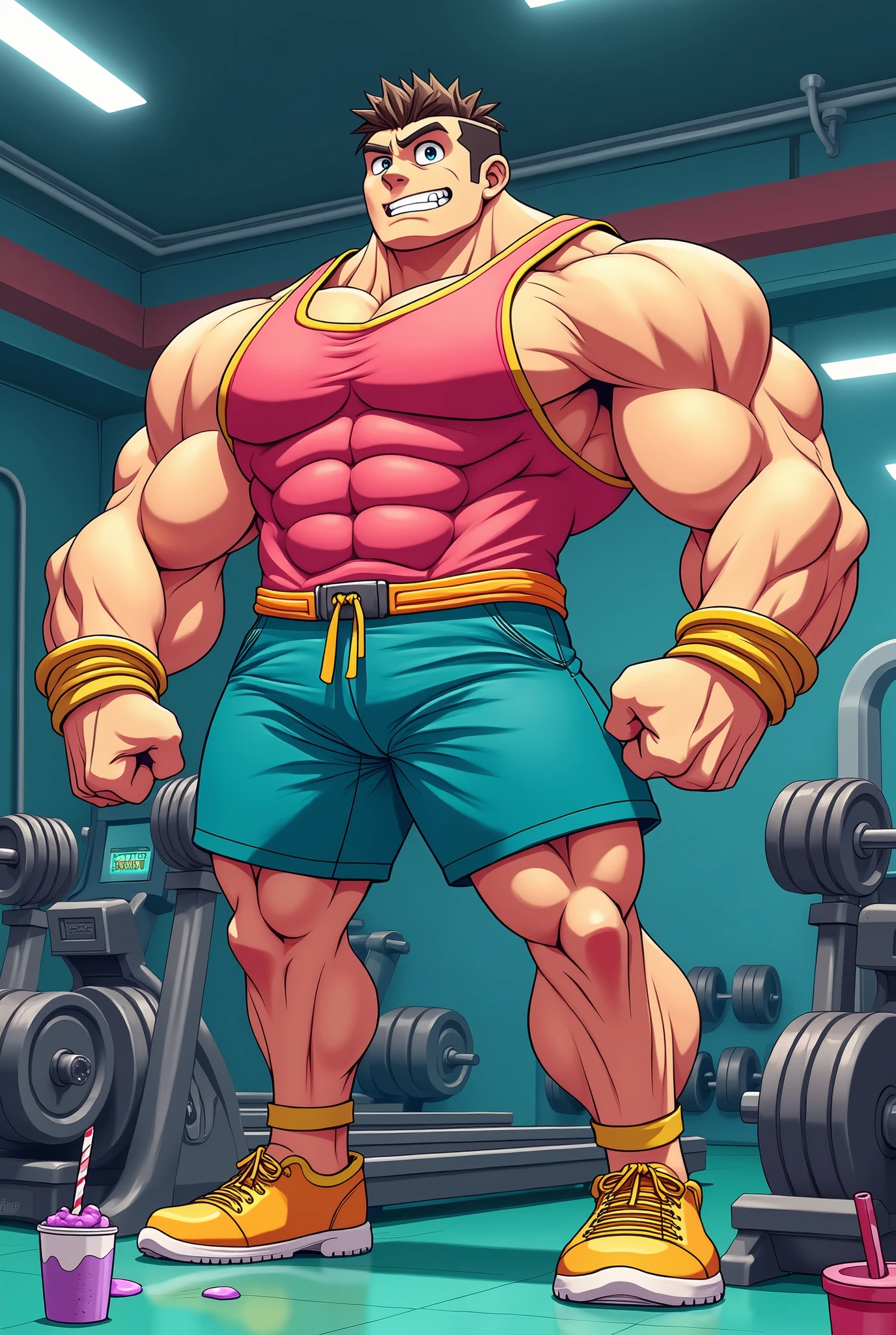 A detailed drawing of Vegeta's intense biceps workout in a bodybuilding gym.