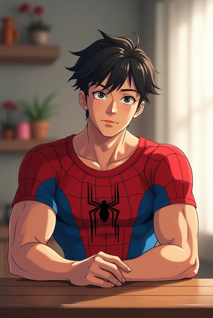Badboy Peter Parker, sonriendo, usando una chaqueta negra ropa negra