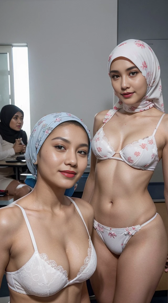2 beautiful Malay matured women in hijab walking in a crowded mall wearing lace underwear, closeup portrait photography, professional photography, high quality, ultra detail, 4k, catwalk, professional lighting,