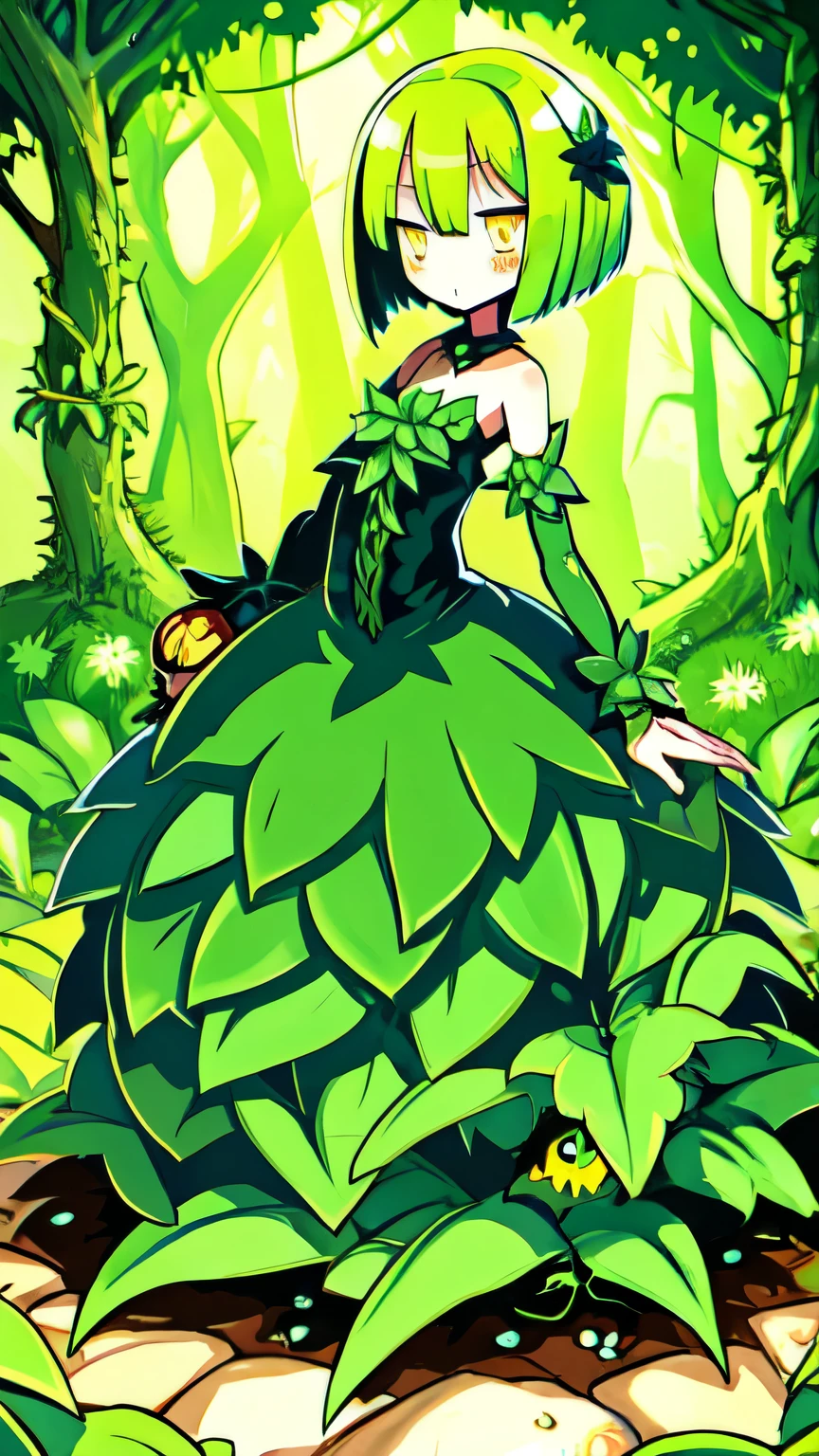 Monster girl, plant, Alraune, beautiful girl, green hair, bob haircut, bangs, yellow eyes, round eyes, slightly flushed cheeks, lower body made of plants, long floral dress, vine, root