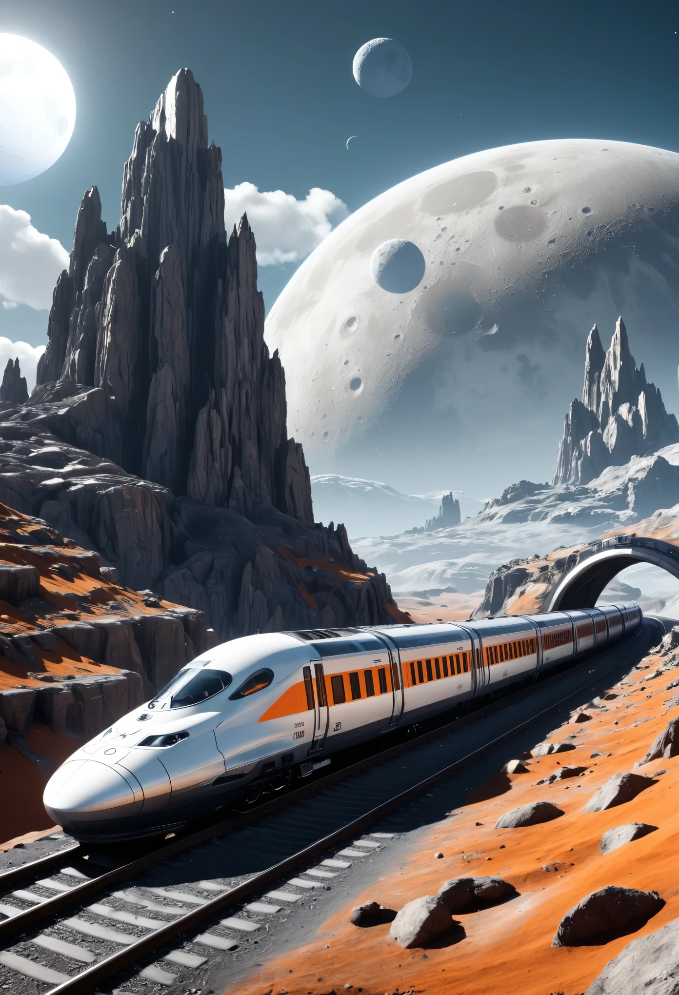 A train on the moon with buildings in front of it, rendered in the style of Unreal Engine, sci-fi and fantasy art, space station architecture, silver white and orange colors, with earth behind it. The scene is a panoramic view with high resolution and detailed details. A cinematic composition captures an epic landscape with a grand perspective. --ar 16:9