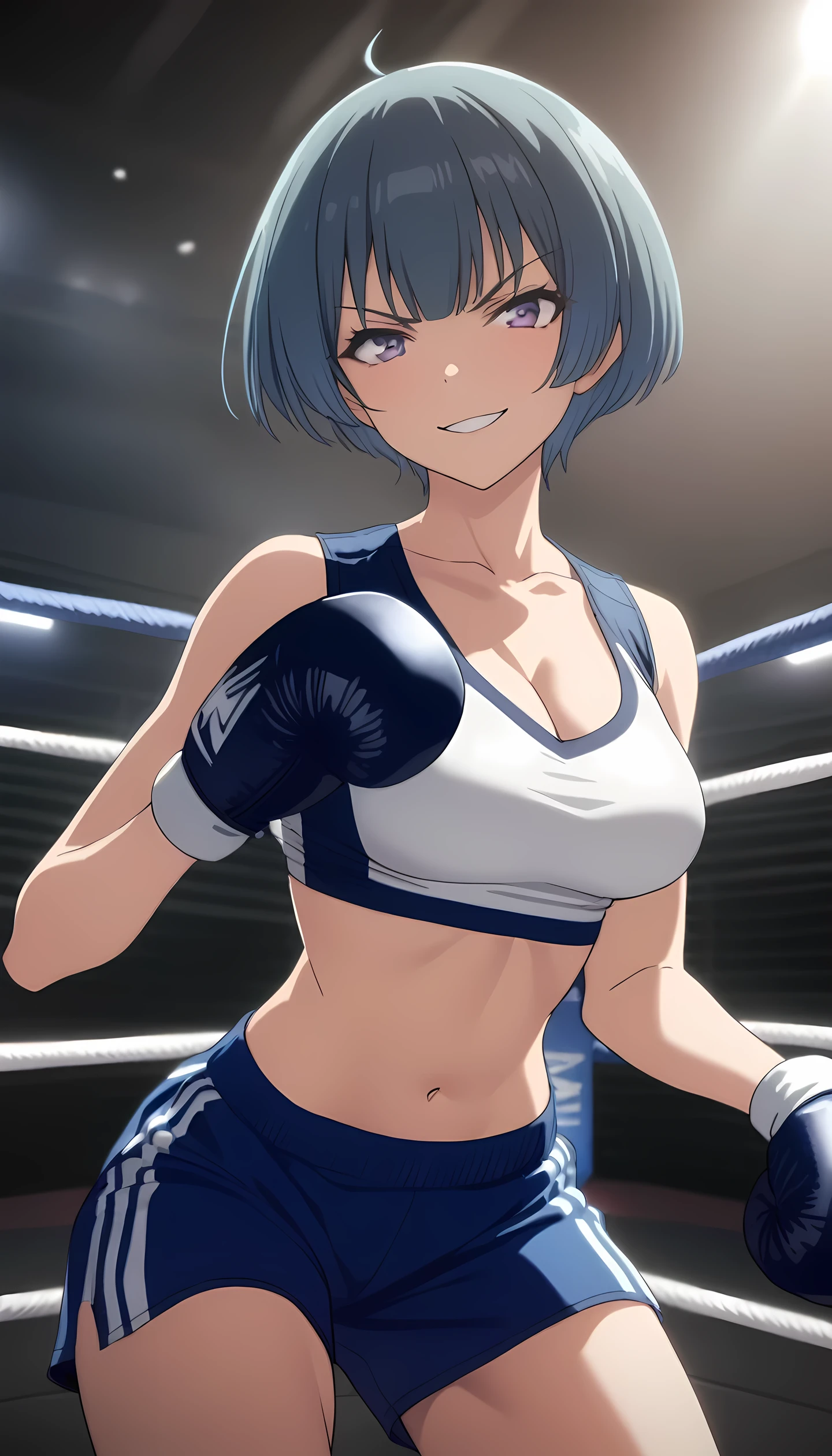 ibuki, 1girl, short hair, bangs, blue hair, purple eyes, midium breast, masterpiece, best quality, (wearing sexy sports wear:1.5, boxing gloves, navel, cleavage), (on MMA Arena :1.5), smirk, Toned stomach, looking at viewer,stage lighting, Ultra HD,Detailed eyes,Detailed face, cowboy shot, fighting, anime screencap, realistic background,