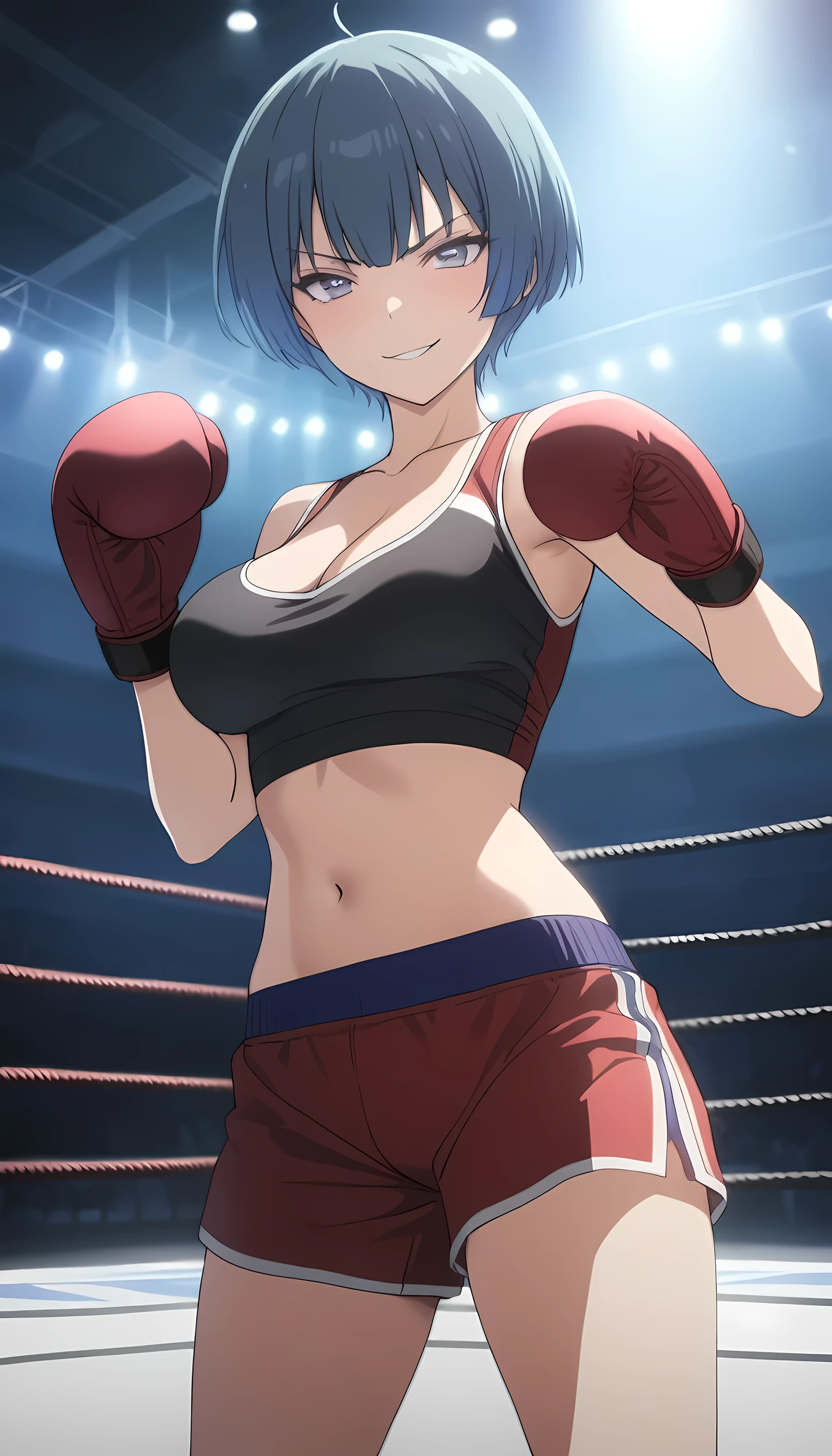 ibuki, 1girl, short hair, bangs, blue hair, purple eyes, midium breast, masterpiece, best quality, (wearing sexy sports wear:1.5, boxing gloves, navel, cleavage), (on MMA Arena :1.5), smirk, Toned stomach, looking at viewer,stage lighting, Ultra HD,Detailed eyes,Detailed face, cowboy shot, fighting, anime screencap, realistic background,