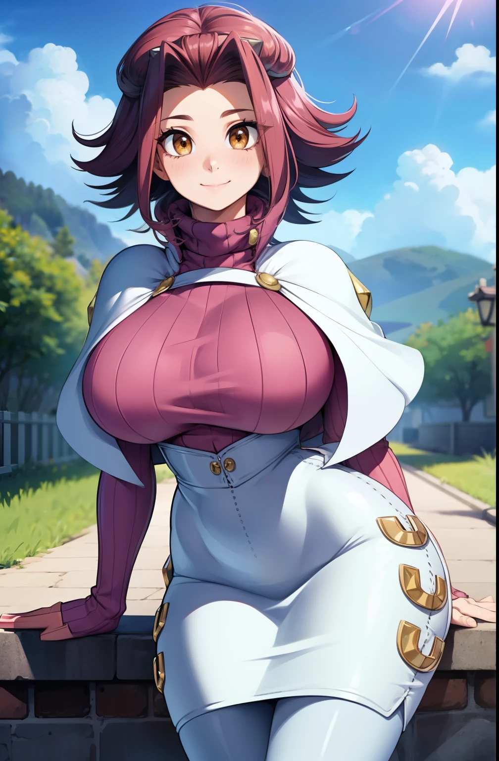 Perfect CG unity 8K UHD wallpaper, Perfect CG unity 8K UHD wallpaper, aki1, izayoi aki, short red hair, solo, mature woman, tall, choker, huge breasts, cowboy shot, smiling facial expression, thighs, standing, perfect masterpiece, best quality, best resolution, skindentation, capelet, white capelet, sweater, pink sweater, ribbed sweater, turtleneck, white skirt, high-waist skirt, high heels, boots, white boots, pencil skirt, outdoors