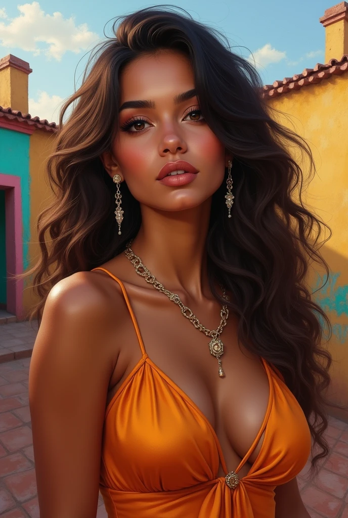 A black woman with dark red hair and green eyes, golden necklace, gold hoop earrings, dark makeup, glossy red lips, wearing dark fancy party clothes, scattered contours, white background, intricate details, low key, watercolor, splashes