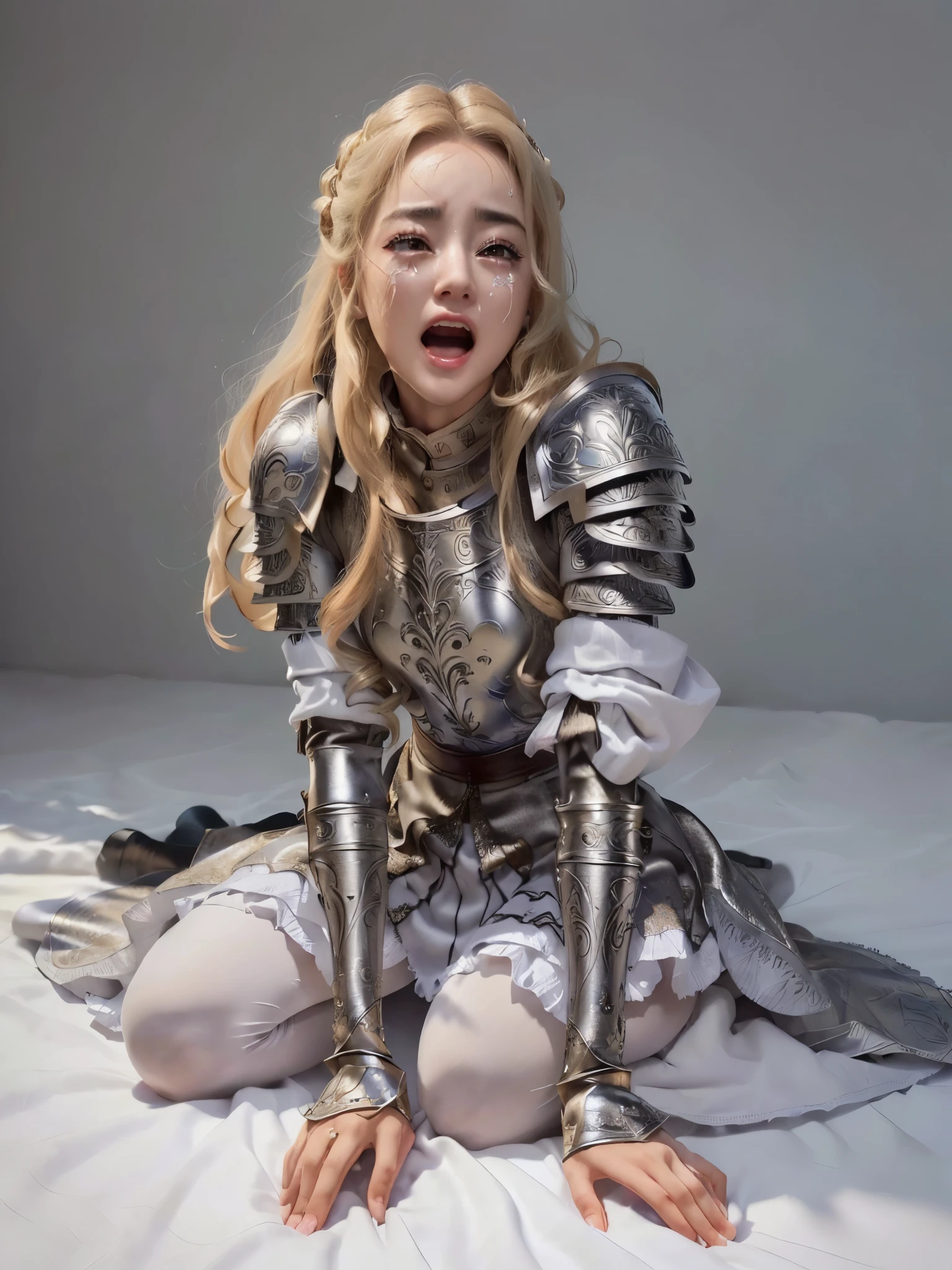 masterpiece, best quality photo, a beautiful female knight in armor is kneeling on floor and crying, push hands on floor, (fancy engraved medieval metallic armor on top:1.3), linen skirt, (white thigh high stocking on legs:1.2), extremely beautiful, grimace, screaming, crying eyes, wide open lips:1.3, rich hair:1.1, (crying facial expression:1.2), blonde hair, most beautiful face, Dilraba Dilmurat