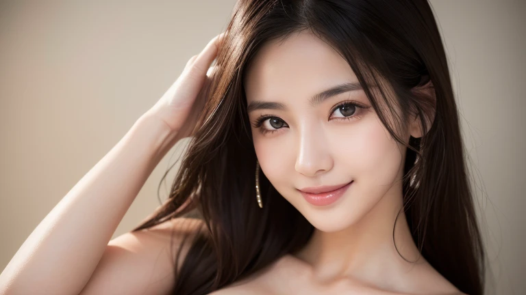 (Super beautiful woman)、((highest quality、8K masterpiece:1.3))、sharp focus:1.2、(super beautiful face:1.0)、(shiny skin:1.0)、realistic pictures、black hair、video lighting、High resolution eyes and face、video lighting、japanese actress、from the front、with a happy smile、whole body、