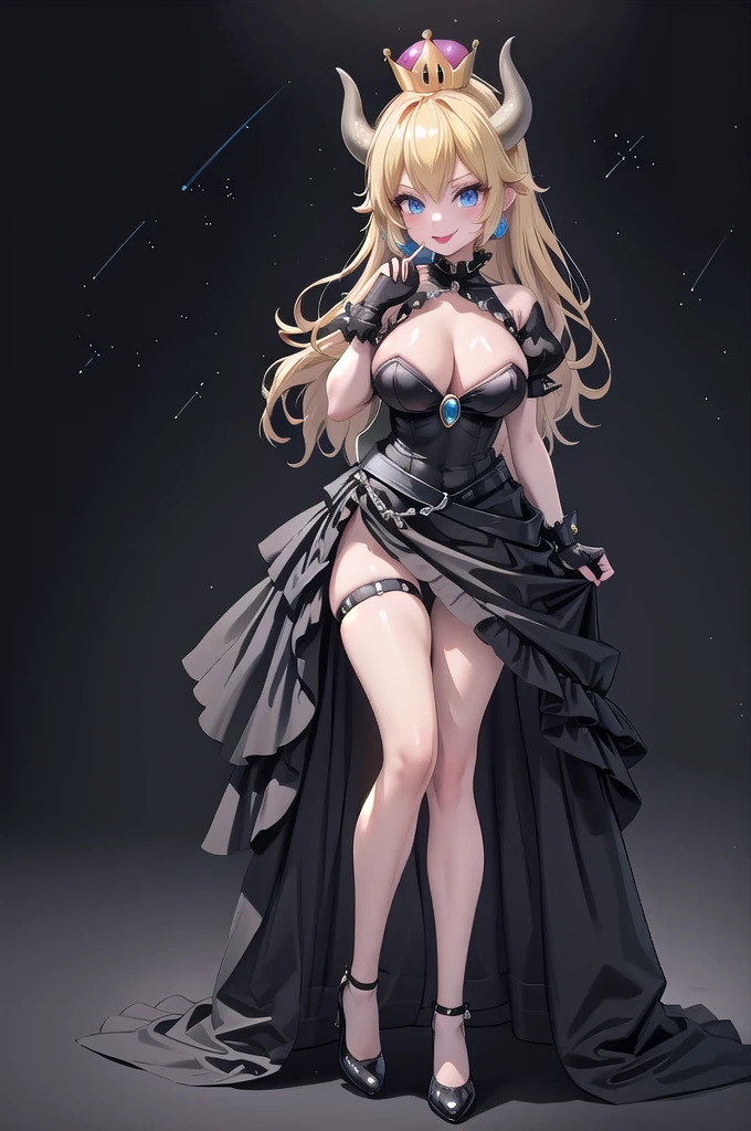 pch, bowsette, solo, 1girl, horns, blonde hair, crown, black dress, brooch, puffy sleeves, short sleeves, smile, lipstick, elbow gloves, earrings, crown, outside of castle, goth, goth mommy, emo, big breasts, adult, 21, long legs, tall, tall body, full adult, woman, dark castle background , realistic, mascara, tattoos, piercings, black lip stick, tail, black stockings, evil, dark, full body, tall legs, black leg strap, thick thighs, standing pose, black heels, full body shot, blowing kiss, black gloves, white panties, stars, masterpiece, high resolution 