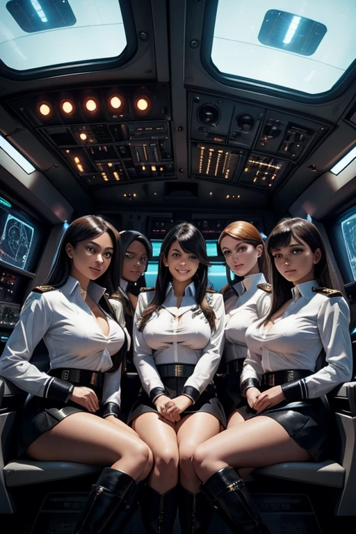 In a cockpit of a very futuristic spaceship are 5 women with large breasts, open light shirt and short skirt. They also wear black overknee boots. One of them is the captain all smile very sexy.