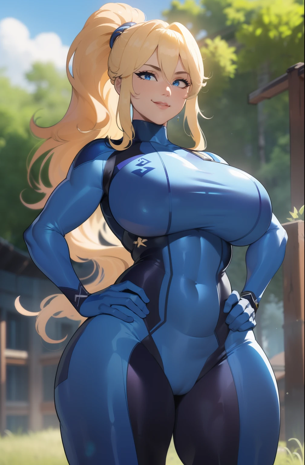 Perfect CG unity 8K UHD wallpaper, Perfect CG unity 8K UHD wallpaper, ((masterpiece)),(best quality),(detailed), 1girl, solo, (mature woman), long hair, ponytail, blond hair, wavy hair, blue eyes, smile, ((bodysuit)), cowboy shot, standing, outdoors, hands on hip, huge breasts, nyantcha