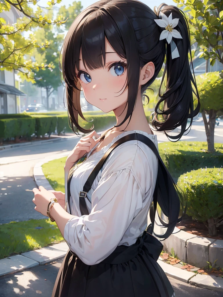 (masterpiece, best quality:1.4), 8k, Gray Long Ponytail Hair, Hair Bow, Young adult, anime girl, Smile, Happy, light Purple Eye, Big chest, Black Turtleneck, White Sweater, in the Park (detailed eyes and face, sharp pupils, realistic pupils:0.6)