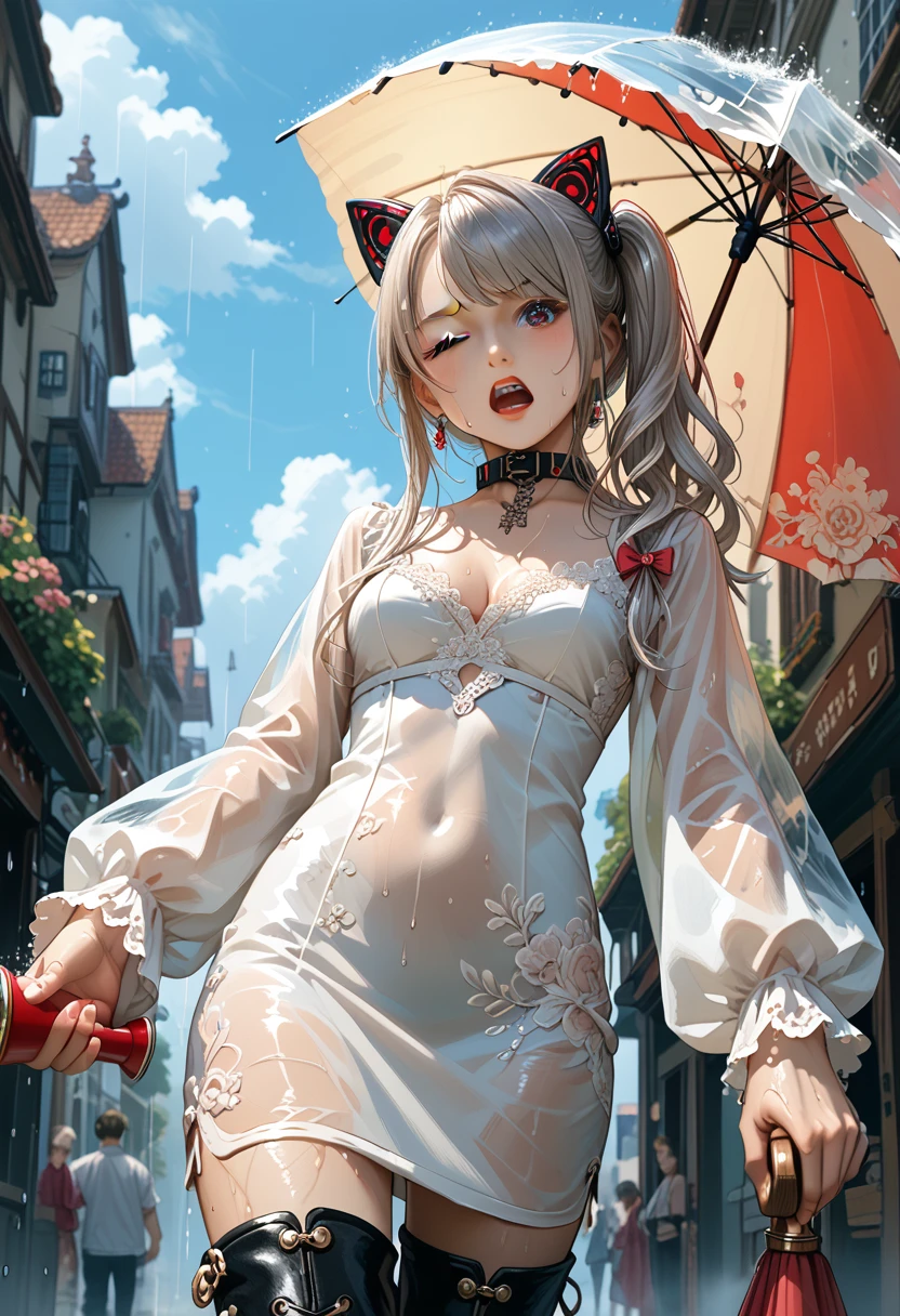 score_9, score_8_up, score_7_up, (best quality, masterpiece:1.2), 8k, very aesthetic, absurdres, high resolution, detailed face, official art, realistic, brown eyes, swept bangs, side ponytail, long hair, silver hair, robot cat ears, headphone, food, (open oversized Transparent raincoat:1.11), Sleeves that cover the wrists, (red pencil minidress, silk dress:1.1), medium breasts, (cleavage:0.9), black thigh-highs, [boots], collar, textured skin, BREAK (umbrella, hand holding umbrella, megaphone:1.12), one eye closed, yelling, head tilt, sigh, sweaty, rain, outdoors, cowboy shot, from below, [zettai ryouiki], 