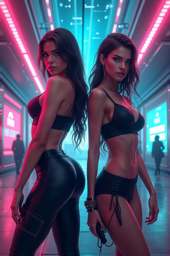 young Carmen Electra and Lucy Liu dancing in a nightclub, hologram miniskirt, see-through clothes, holopunk, digital projections, neon vibrancy, transparent interfaces, cyber clubbing, dancing girls