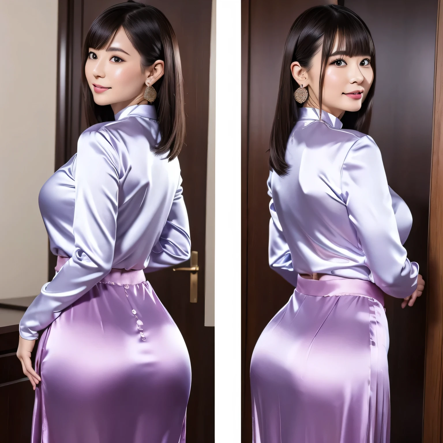 (8k, Best Quality, Ultra HD,masterpiece: 1.2)She is wearing a metallic ao dai made of silk satin with a strong shine.:1.8,She is wearing a metallic long pleated skirt:1.8,,gigantic breasts:1.8,Plump,Chubby,smile,bigbody,Very fat,blunt bangs:1.3,Hair tucked behind ear,Wearing large earrings,Photo taken at a satin clothing store:1.5,Long pleated satin skirt:1.8,satin long coat:1.8,Ass to the camera:1.5,Her butt is facing me:1.2,Lifting her butt up:1.2