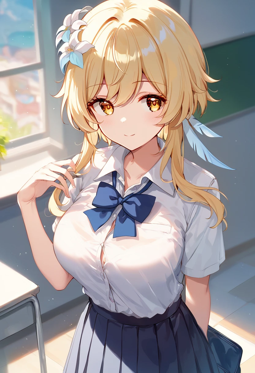 score_9, score_8_upper, score_7_upper, high quality ,masterpiece ,最high quality ,rating safe ,In the school , girl, Cute Face , blond hair, yellow eyes , Beautiful Skin ,character_Lumine_Genshin Impact ,恥ずかしがっている, very large breast , wearing the school uniform