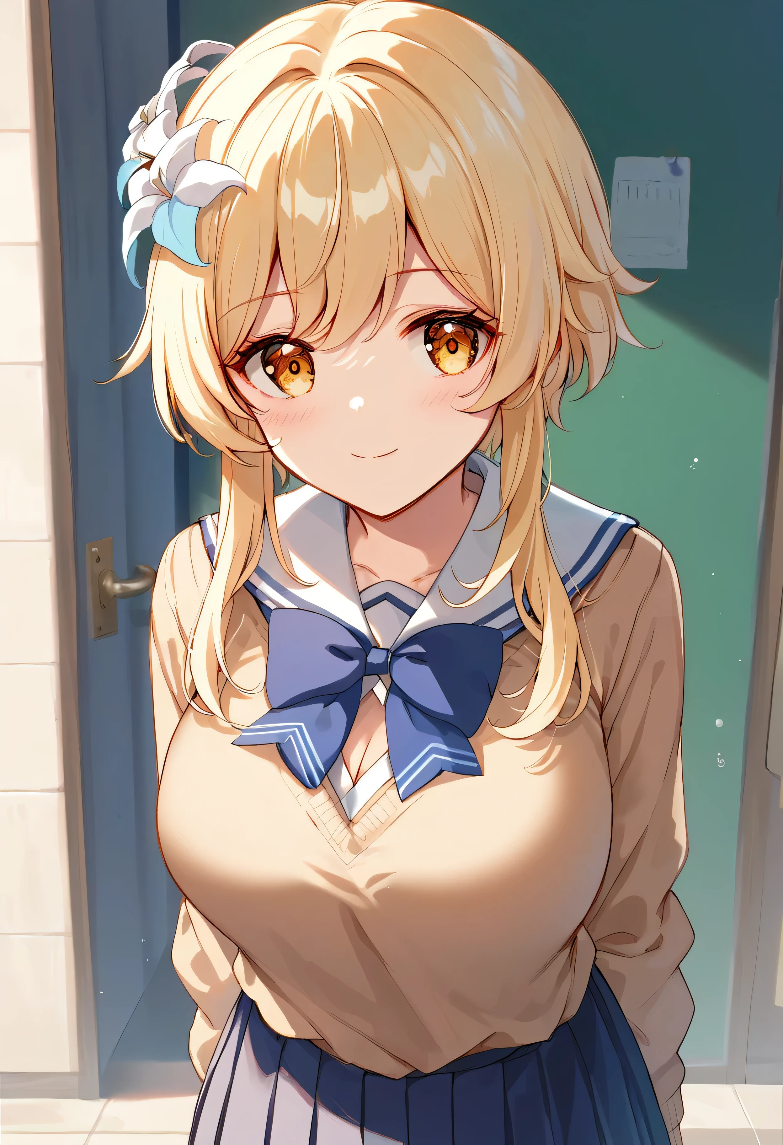 score_9, score_8_upper, score_7_upper, high quality ,masterpiece ,最high quality ,rating safe ,In the school , girl, Cute Face , blond hair, yellow eyes , Beautiful Skin ,character_Lumine_Genshin Impact ,恥ずかしがっている, very large breast , wearing the school uniform