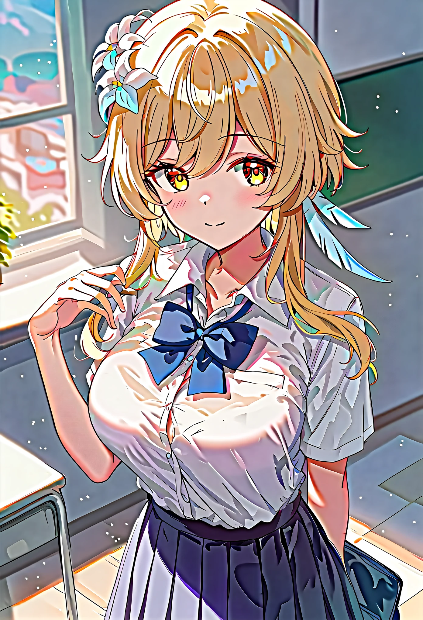 score_9, score_8_upper, score_7_upper, high quality ,masterpiece ,最high quality ,rating safe ,In the school , girl, Cute Face , blond hair, yellow eyes , Beautiful Skin ,character_Lumine_Genshin Impact ,恥ずかしがっている, very large breast , wearing the school uniform