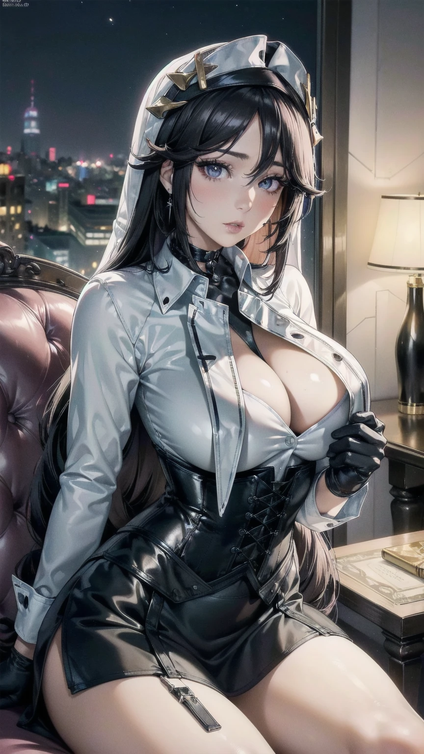  masterpiece, Superior image quality, High resolution, 4k image,photo and gross, photorealistic, whole body, 1 , sitting, {{{vagina}}}, beautiful face, long black hair, black eyes, very detailed eyes, pink cheeks, serious expression, choker:1.6, (white collar button down long sleeve shirt), black gloves, gloves that cover hands, holds a glass of wine, (black leather corset), (shiny black miniskirt), Sensual Lips, show details in the eyes, View from the front, looking at the viewer, sitting en una silla elegante, Elegant living room, at night