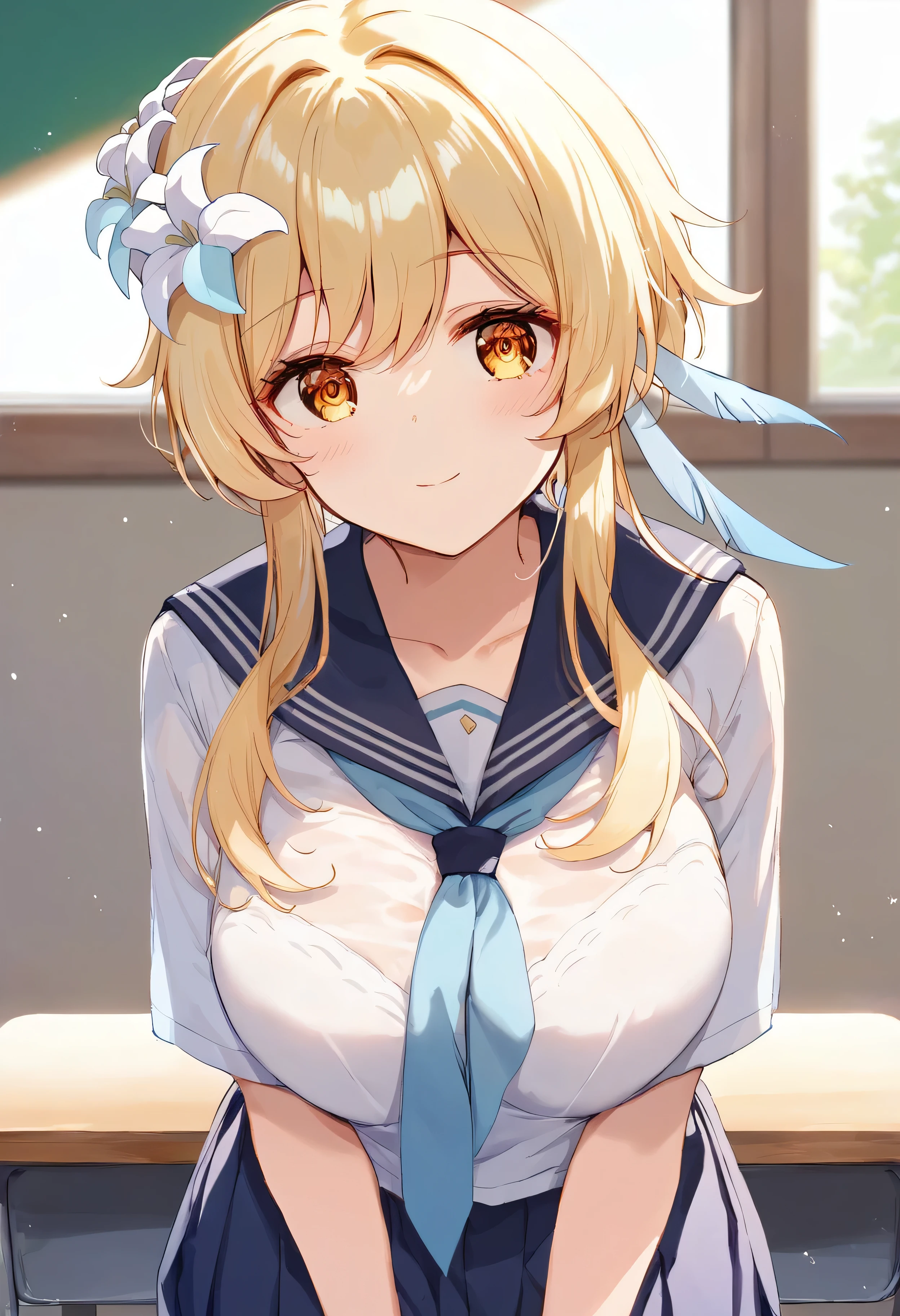 score_9, score_8_upper, score_7_upper, high quality ,masterpiece ,最high quality ,rating safe ,In the school , girl, Cute Face , blond hair, yellow eyes , Beautiful Skin ,character_Lumine_Genshin Impact ,恥ずかしがっている, very large breast , wearing the school uniform