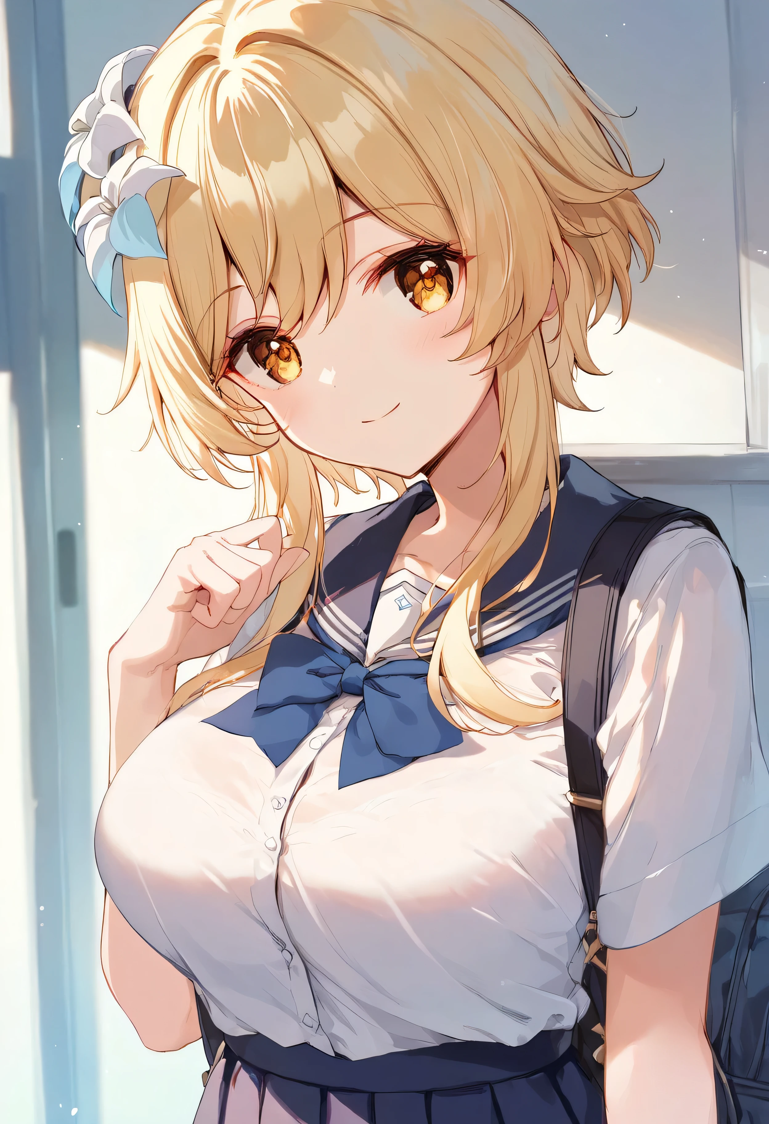 score_9, score_8_upper, score_7_upper, high quality ,masterpiece ,最high quality ,rating safe ,In the school , girl, Cute Face , blond hair, yellow eyes , Beautiful Skin ,character_Lumine_Genshin Impact ,恥ずかしがっている, very large breast , wearing the school uniform