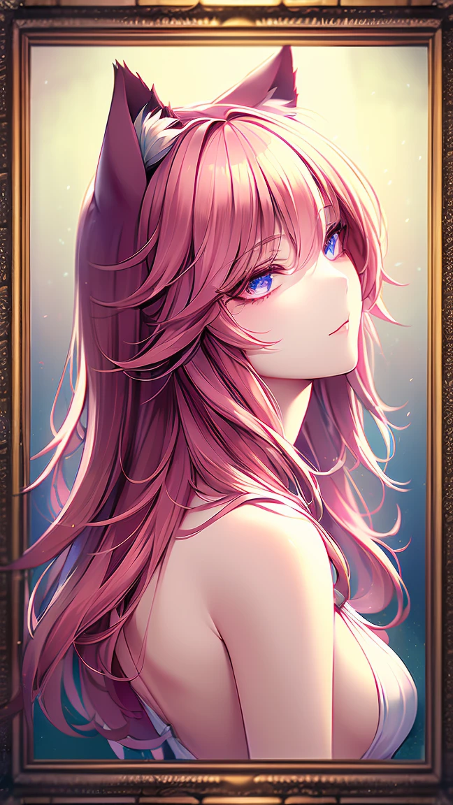 (masterpiece), anatomically correct, accurate, textured skin, high details, high quality, (best quality), (super detail), perfect detailed eyes, perfect detailed face, ultra-detailed nose, pink hair, messy hair, long hair, ribbon, cat ears, by Alfons Mucha, Art Deco, framed, projected inset, (from back)