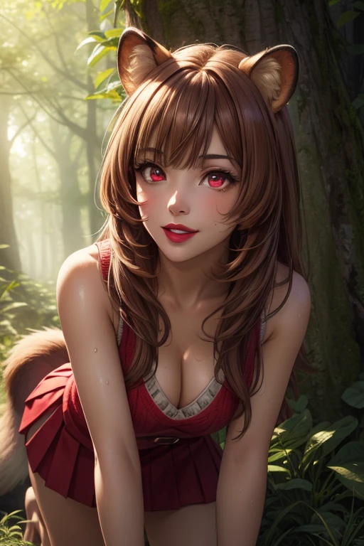 Masterpiece, best quality, 8K Wallpaper, HDR, octane rendering. Raphtalia, attractive 18 year old girl, brown hair, fair skin. raccoon ears, wearing adventurer outfit, fantasy style, forest background, selfie. (Beautiful and detailed face with perfect symmetry), (Beautiful and detailed red eyes: 1.3), (bright lips, slender smile), (body with perfect anatomy, perfect natural texture, high details, glowing skin), cinematic lighting, vivid colors , detailed illustration, depth of field.