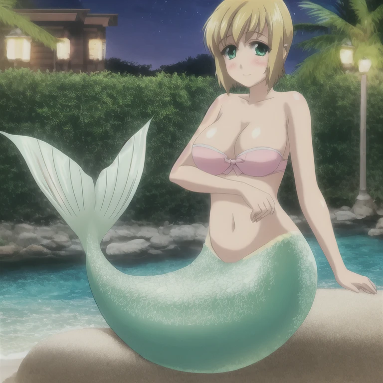 Solo, Short hair, blonde hair, green eyes, mermaid, mermaid tail below waistline, blush, happy face, large breasts, bra, night, shinny skin, sea, looking at viewer,