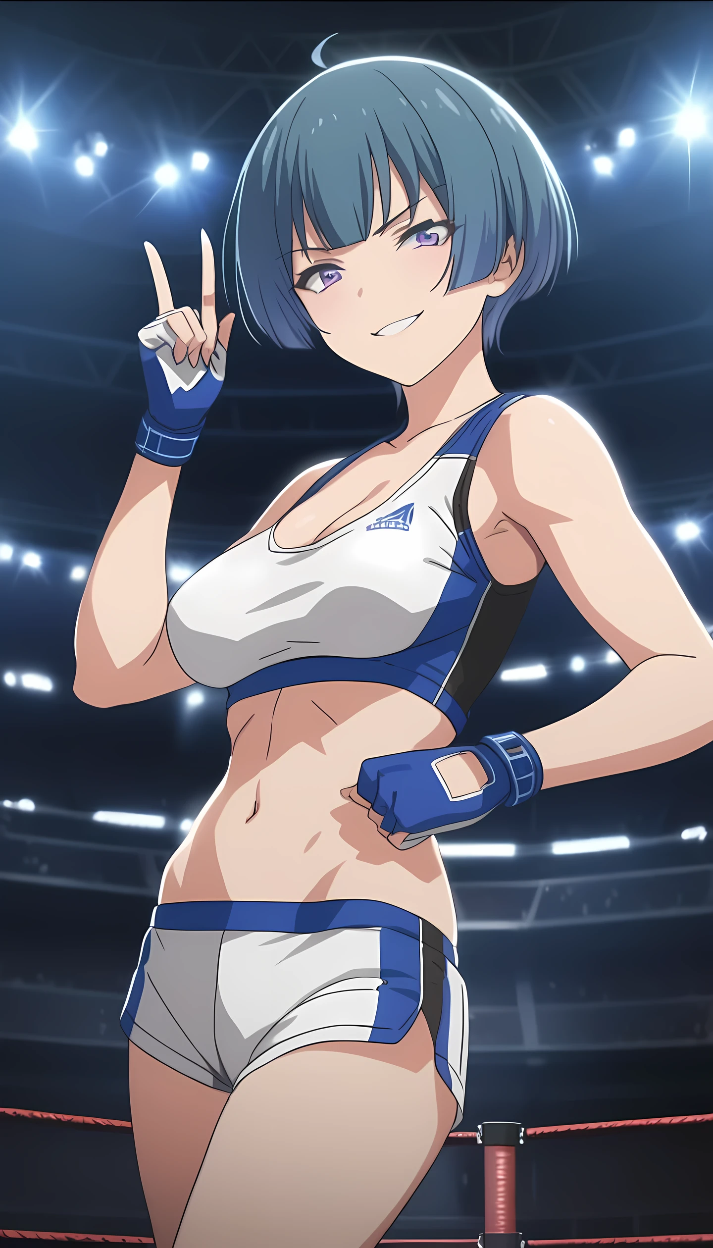 ibuki, 1girl, short hair, bangs, blue hair, purple eyes, midium breast, masterpiece, best quality, (wearing sexy sports wear:1.5, open finger gloves, navel, cleavage), (on MMA Arena :1.5), smirk, Toned stomach, looking at viewer,stage lighting, Ultra HD,Detailed eyes,Detailed face, cowboy shot, victory, anime screencap, realistic background,