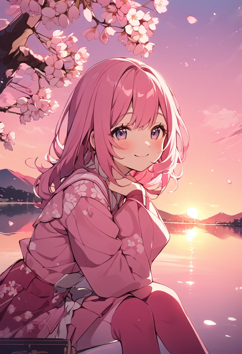 cherry blossomsミク, Upper Body, smile, Red cheeks, Sitting, ((cherry blossoms)), ((Pink sleeves)), Pink Tone, ((Pink Stockings)), Pink Sky, sunset, lake, reflection