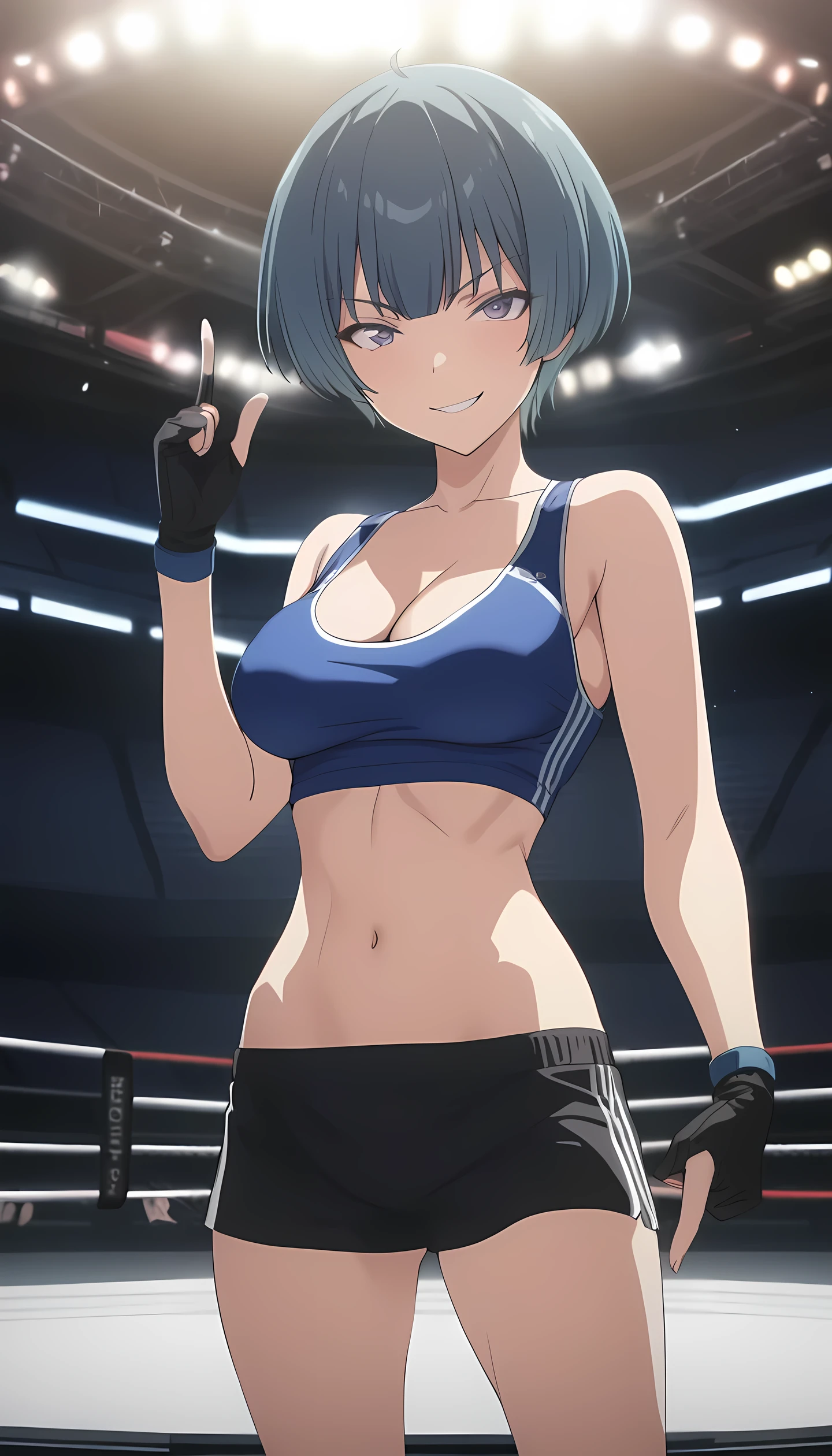 ibuki, 1girl, short hair, bangs, blue hair, purple eyes, midium breast, masterpiece, best quality, (wearing sexy sports wear:1.5, open finger gloves, navel, cleavage), (on MMA Arena :1.5), smirk, Toned stomach, looking at viewer,stage lighting, Ultra HD,Detailed eyes,Detailed face, cowboy shot, victory, anime screencap, realistic background,