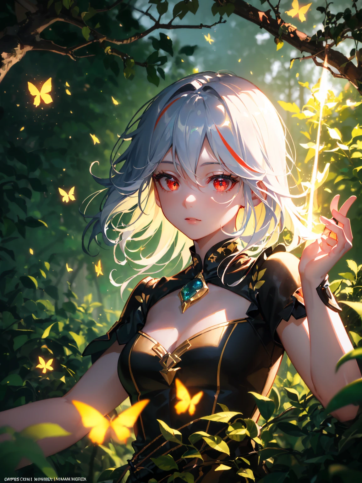 Masterpiece, best quality, (very detailed CG unity 8k wallpapers), (best quality), (best illustrations), (best shadows), forest theme with natural elements. Tall trees, quiet streams, glowing little mushrooms, surrounded by delicate leaves and branches, with fireflies and glowing particle effects, 1girl, dynamic pose, detailed iris, sparkle eyes, star in eyes, (enchanting red eyes:1.3), (multicolored eyes), pink hair, floating hair, hair between eyes, (hair over one eye:1), (floating hair:1.3), (best quality,4k,8k,highres,masterpiece:1.2),ultra-detailed,(realistic,photorealistic,photo-realistic:1.37),digital art,concept art,fantasy,cinematic lighting,vivid colors,ethereal,mesmerizing, (natural elements), (jungle theme), (leaves), (branches), ( fireflies), butterflies, (delicate leaves), (glow), (particle effects). , isometric 3D, Octane rendering, ray tracing, super detailed