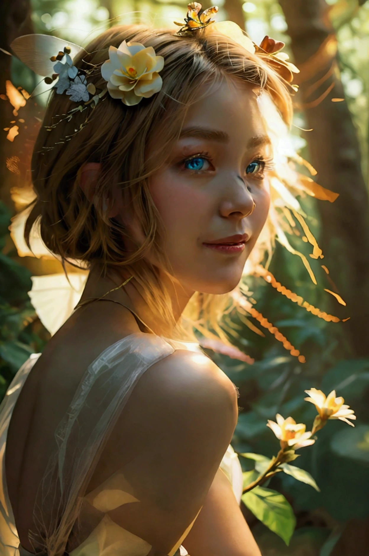 Very detailed, masterpiece, Cinematic Lighting Digital Photography, art,girl, Blonde,Short hair,A happy smile,Muscular,sexy,,(masterpiece, Side light, complicated, elegant, Very detailed,In the forest,elegant,Gorgeous,Beautiful legs,Flower Hair Ornaments,Mysterious Forest、Glowing flying fairy,Beautiful, detailed eyes: 1.2), High resolution, Realist, High resolution,Big breasts that look like they might burst,High nose,写真のための美しくsexyなポーズ, Swimwear,whole body,Leg spread