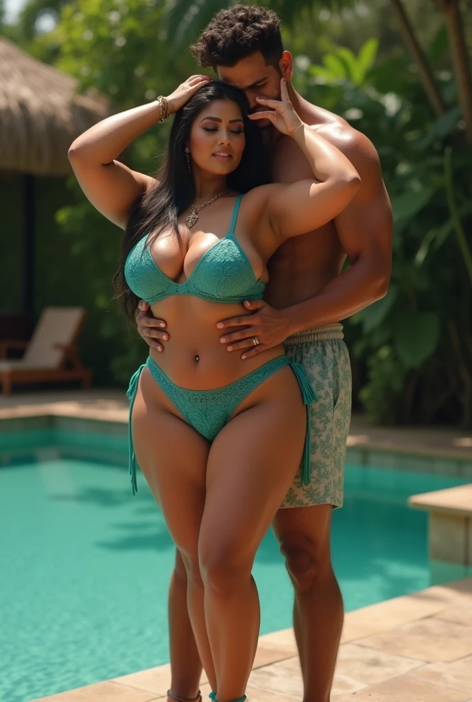 A old man and a huge breasts girl in water fall stone, standing pose, detailed, black Oldman, beautiful girl, biting down lip, couple pose, realistic, high quality, huge breasts, bouncing breasts, couples, romantic waist gripping pose,HD,1080, black bikini,