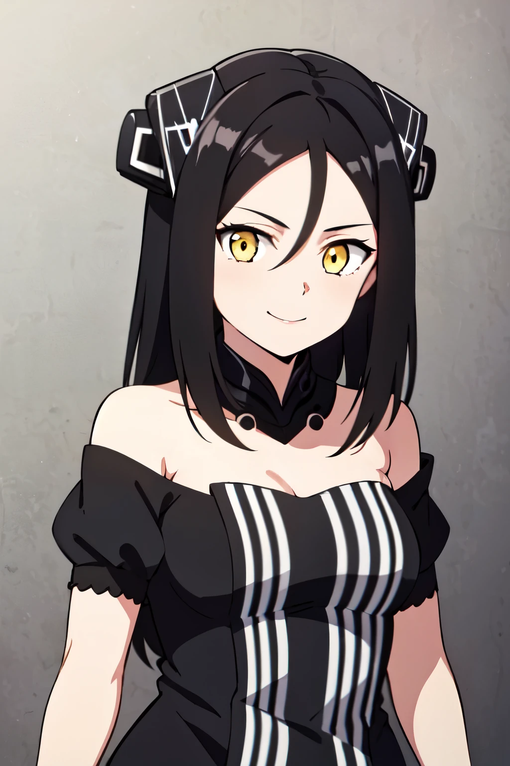 1GIRL,DREAMERNORMAL,SANGVIS FERRI,YELLOW EYES,BLACK DRESS,BARE SHOULDERS,VERTICAL STRIPES,HAIR BETWEEN EYES,HEADGEAR,DETACHED COLLAR,BLACK HAIR,HIP VENT,SHORT SLEEVES, 1girl, solo, upper body, facing viewer, looking at viewer, smile.