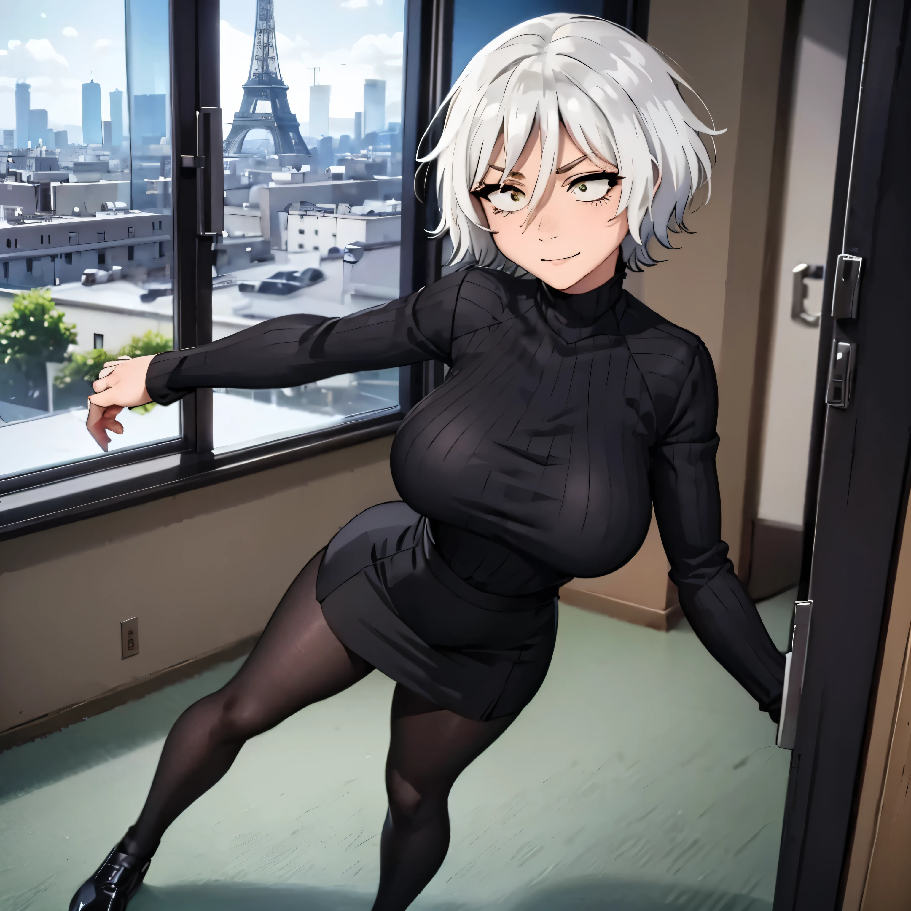 1 20 year old woman, short hair, white haired, big breasts, yellow eyes, Mischievous smile, full body, black turtleneck t-shirt without logo, [black skirt, black pantyhose, white skin, full body, Erotic, resting on a desk in an office, Paris and the Eiffel Tower in the background, blushing face, Evening, black turtleneck, short skirt, look at the viewer, Evening, black turtleneck.