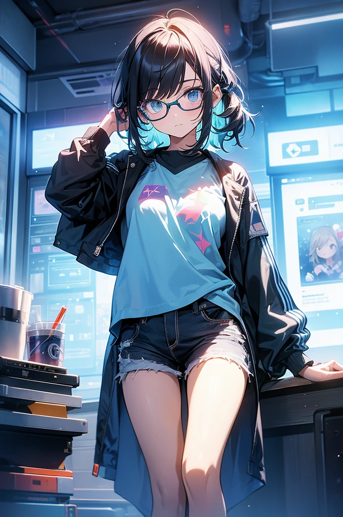 Girl at game development site, code using a computer、create amazing games, Surrounded by colorful and futuristic game characters. she wears glasses and is bright, Expressive eyes, With determination and focused expression. Her room is filled with posters of her favorite game characters and inspiring quotes.. The atmosphere is lively and lively, Neon lights and holographic projections illuminate the room. The girl is wearing casual clothes, Probably a t-shirt with the game&#39;s logo on it and some comfy jeans.. Her desk is cluttered with art supplies., sketch, game design document. The colors of the scene are vivid and vivid, A combination of neon and pastel tones. The lighting is dynamic, Highlighting the glow from computer screens and holographic projections. Overall image must be of the highest quality, Highly detailed and realistic, Photorealistic Style.